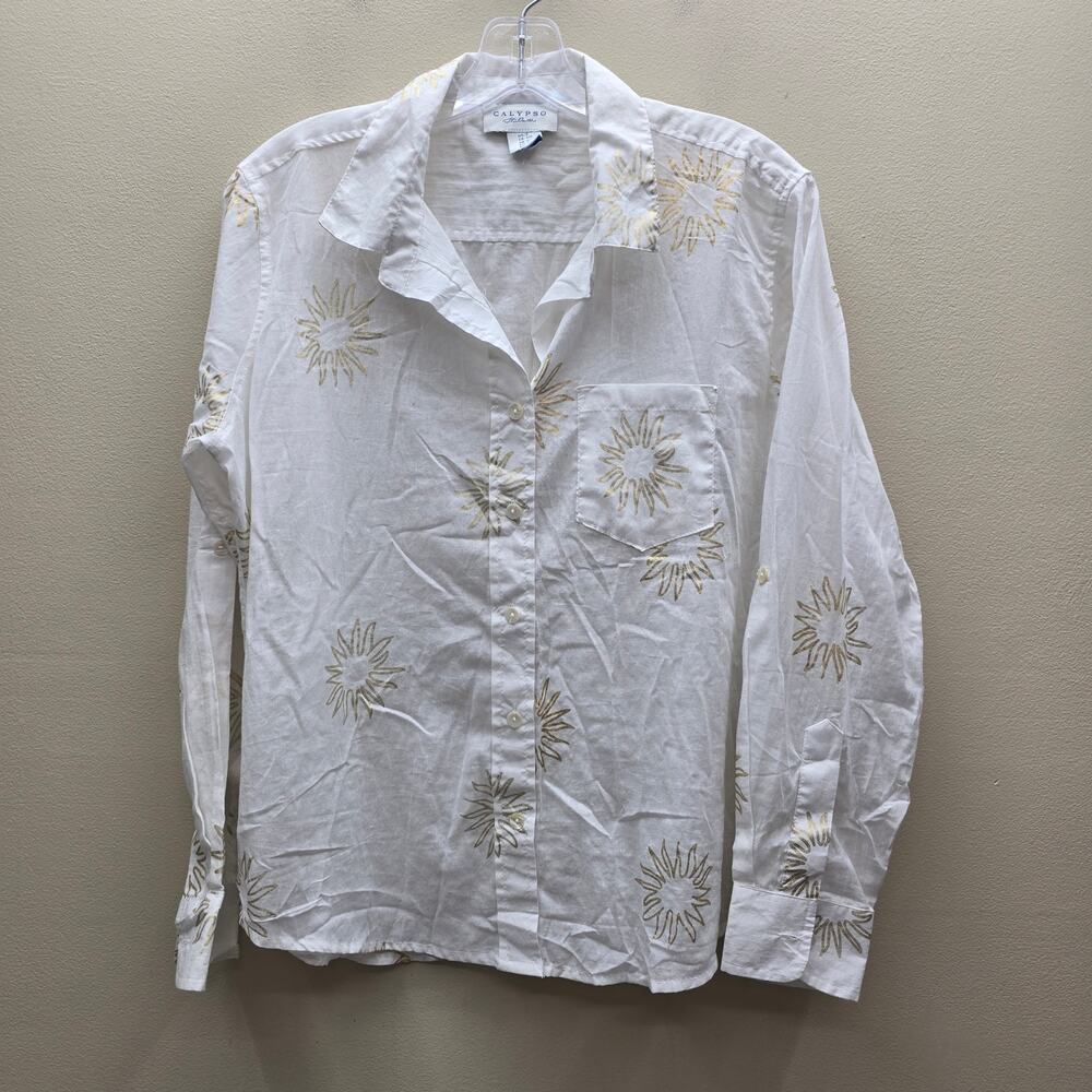 Calypso St. Barth Gold Sunburst Button Up Shirt Top Minimalist White SZ Small